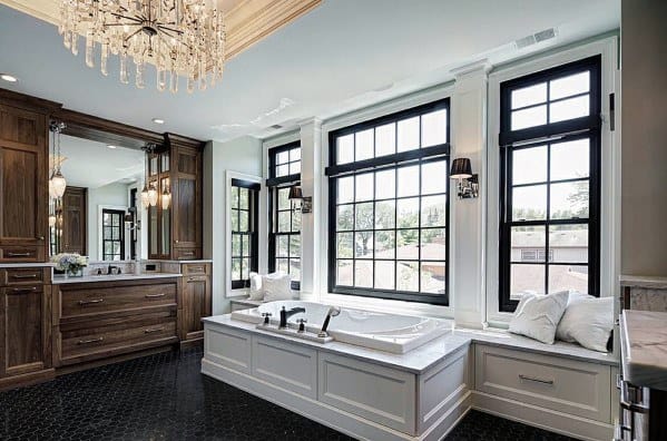 luxury wood vanity bathroom with black accents 