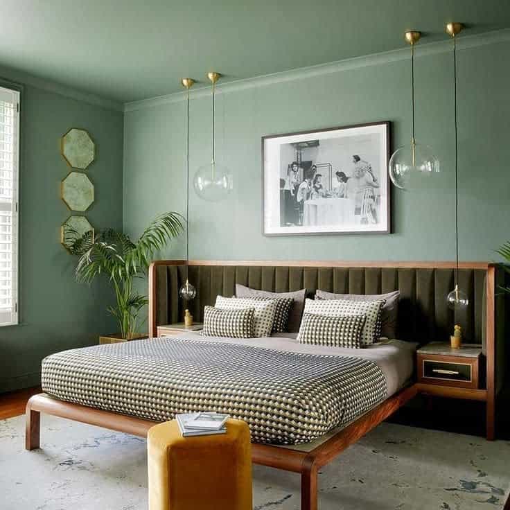 green bedroom vintage wood bed framed photo hexagonal wall mirrors pendant lighting 