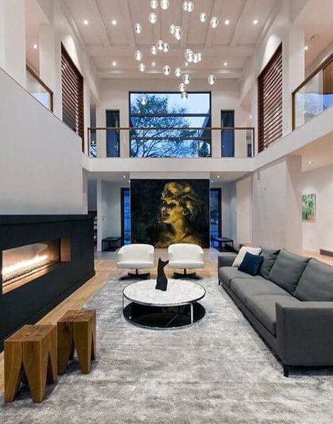 minimalist modern living room electric fireplace gray sofa