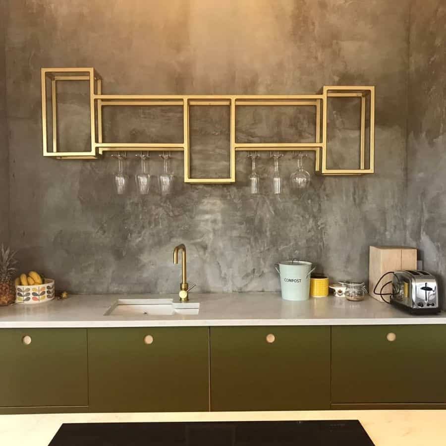 abstract gold painted wall shelf kitchen 