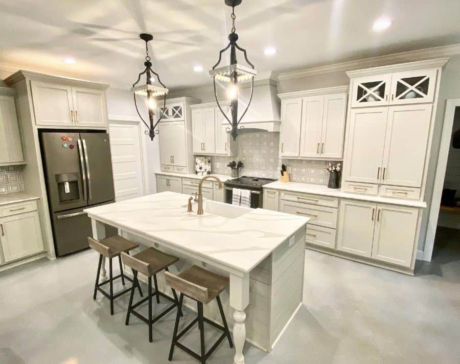 minimalist white country kitchen marble countertop bar cement floor