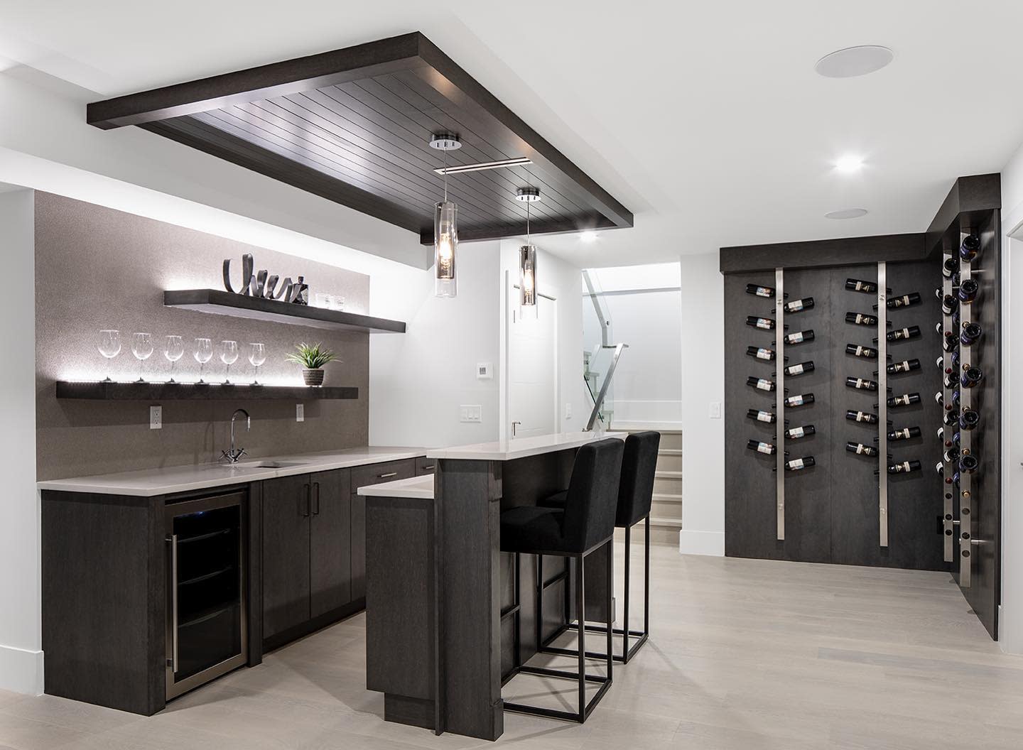 modern basement kitchen with wine rack
