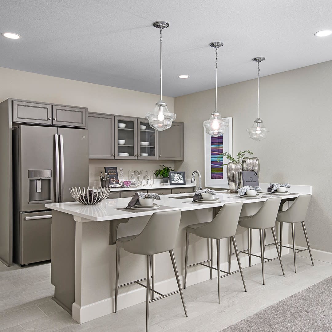 contemporary kitchen with low hanging lights