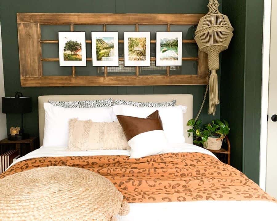 modern boho bedroom green feature wall framed art