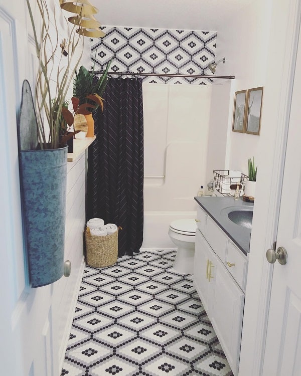 pattern tiles in small master bathroom 