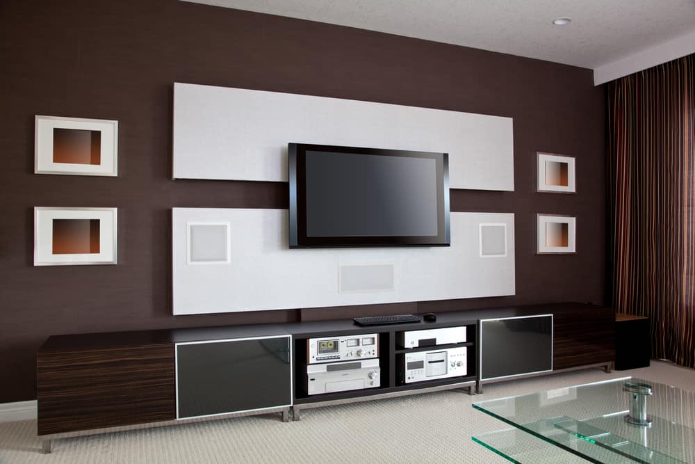 modern living room mounted tv brown wall