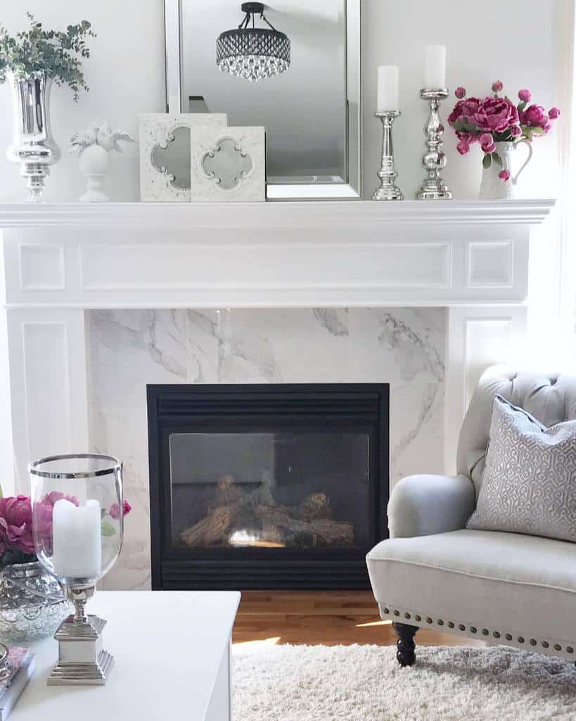 modern living room marble fireplace gray sofa 