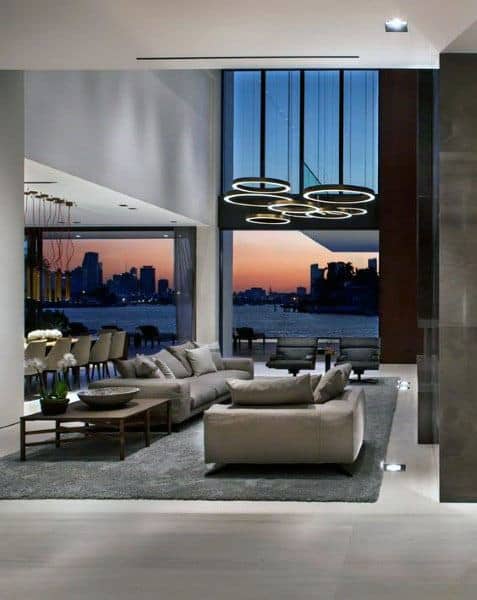 modern living room gray soda large windows 