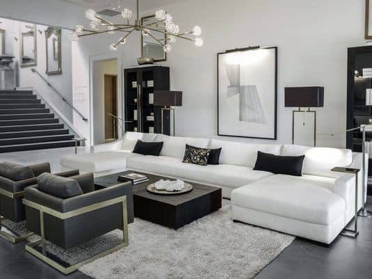 luxury living room white sofa gray lounge chairs sputnik chandelier