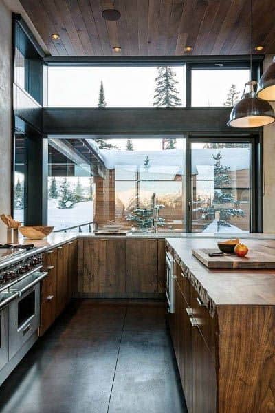 brown kitchen cabinets in alpine cabin kitchen 