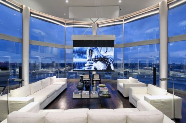 modern luxury apartment living room white sofa projector ceiling to floor windows 