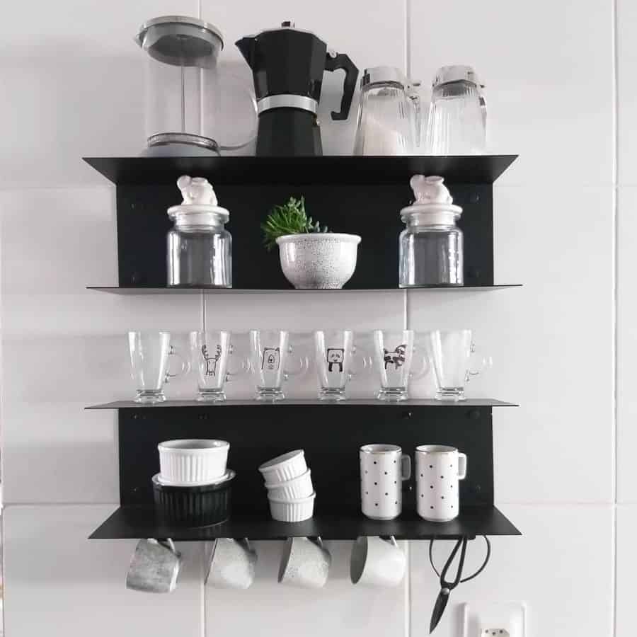 black modern kitchen shelves glass wear