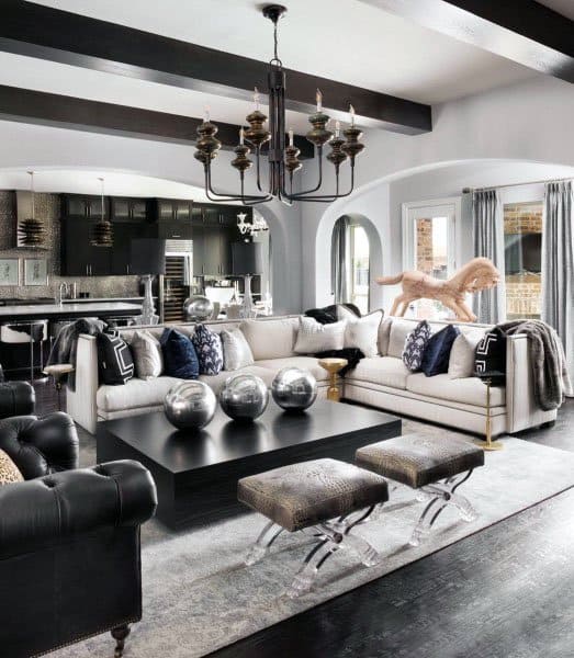 sleek modern living room with chandelier