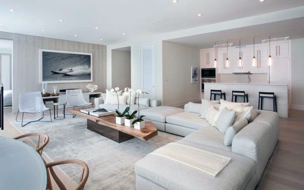 white and gray living room with open plan kitchen 