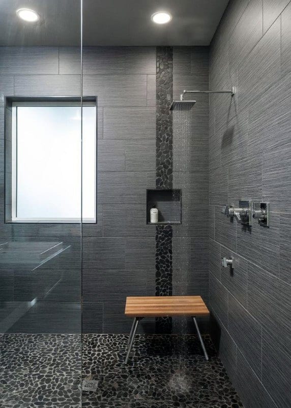 modern gray shower tile walls pebble floor