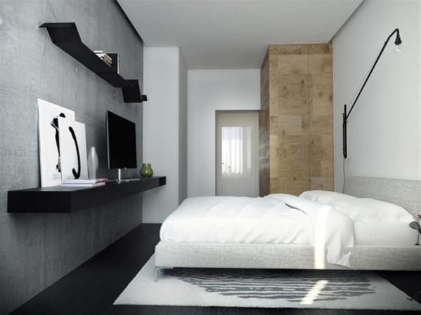 minimalist small master bedroom with platform bed