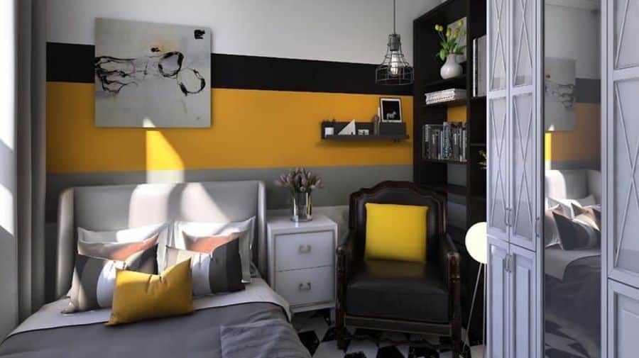small bedroom colorful wall leather chair black bookcase