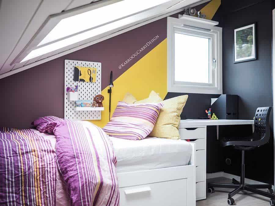 small attic bedroom white bed and desk