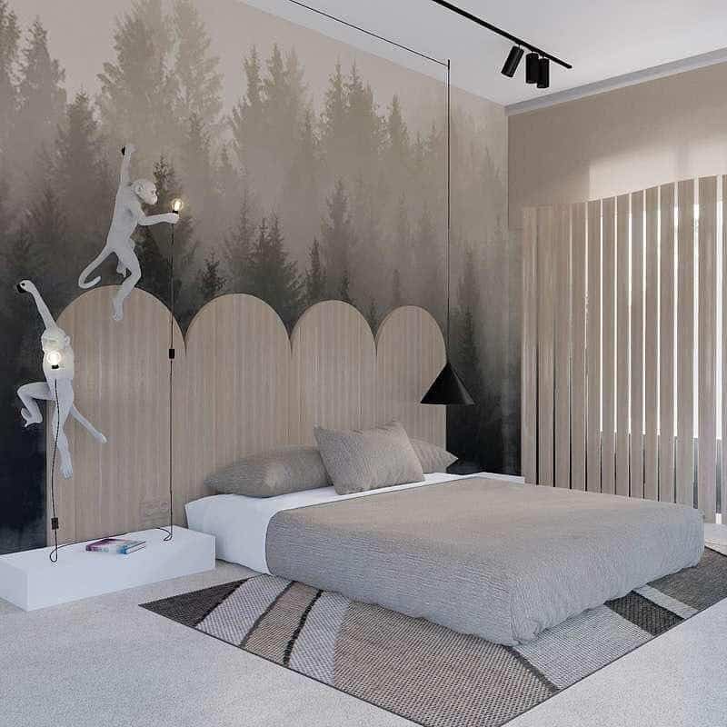 modern bedroom forest wall art monkeys platform bed