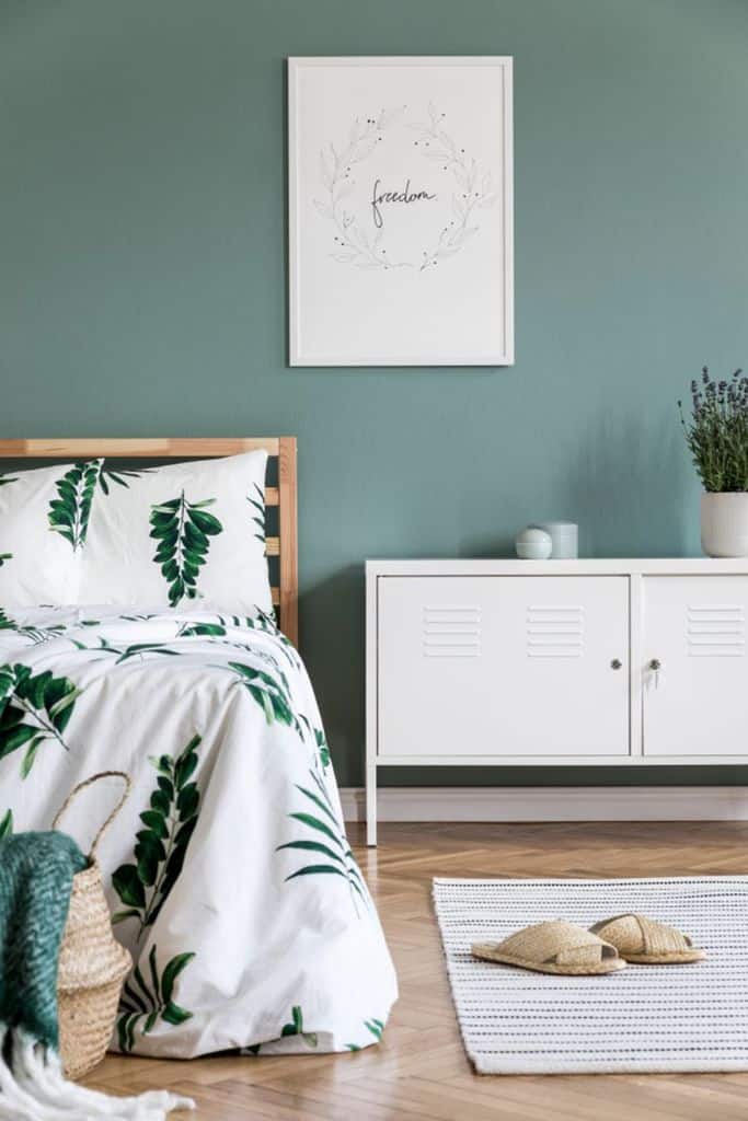 green bedroom white cabinet freedom wall art