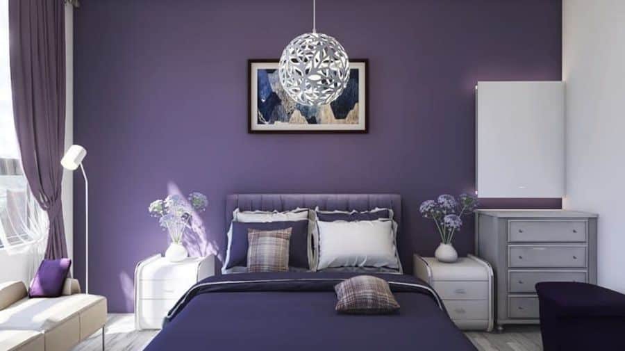 purple bedroom white bedside tables 