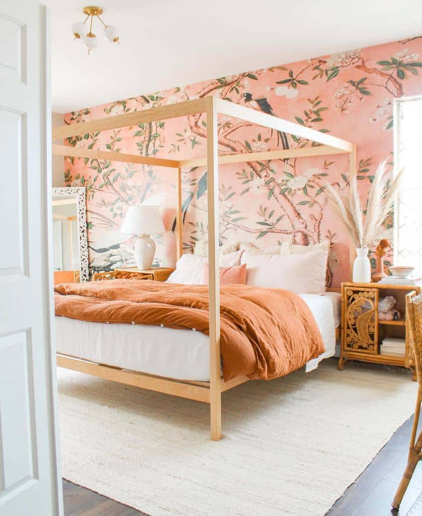 pink floral wallpaper four post wood bed