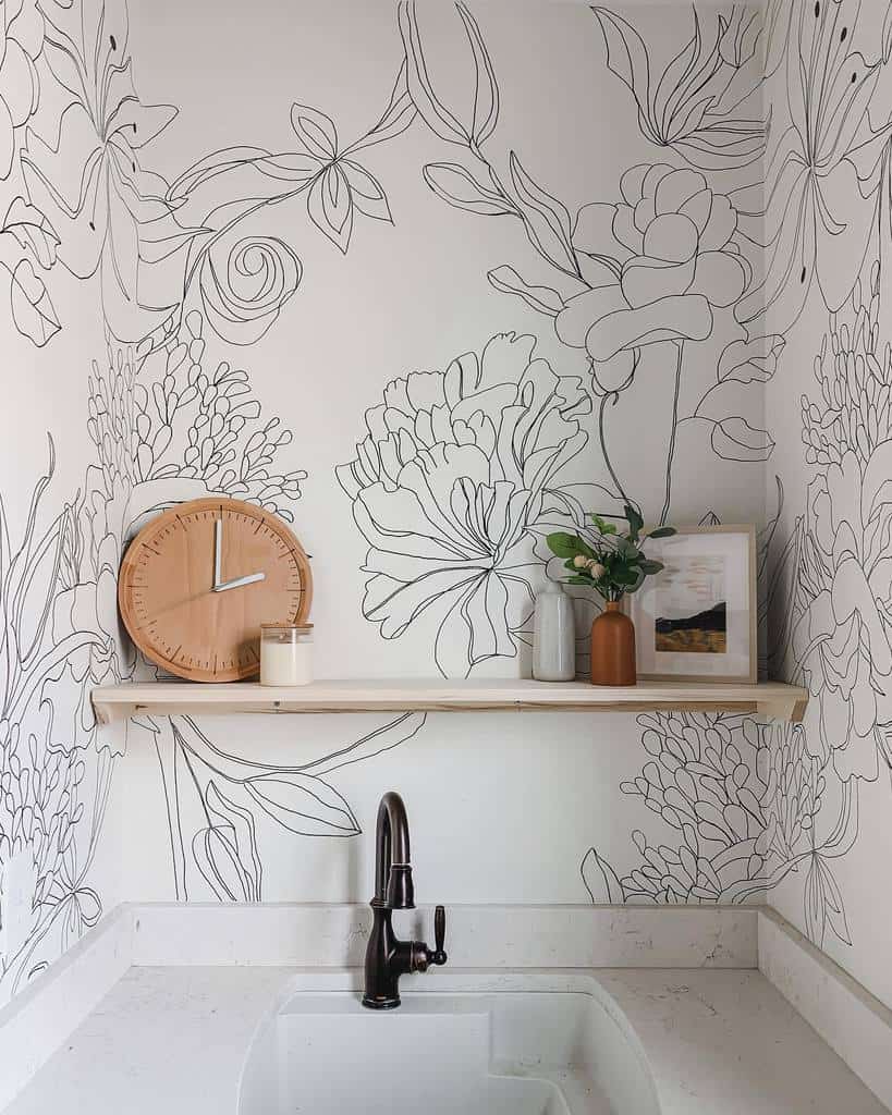 floral black and white wall mural wood shelf above sink 
