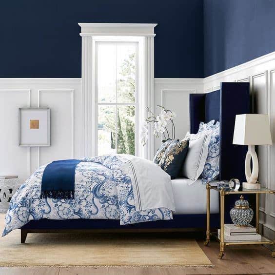 two tone blue and white master bedroom 