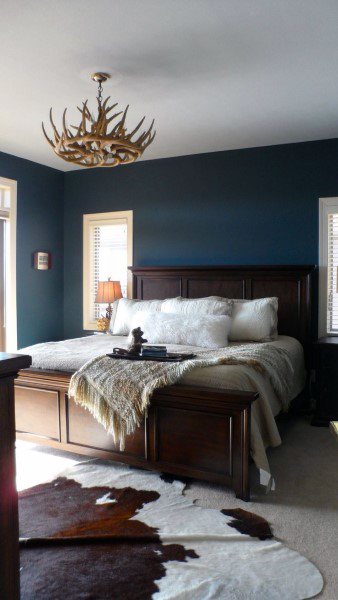 dark masculine small master bedroom with blue walls