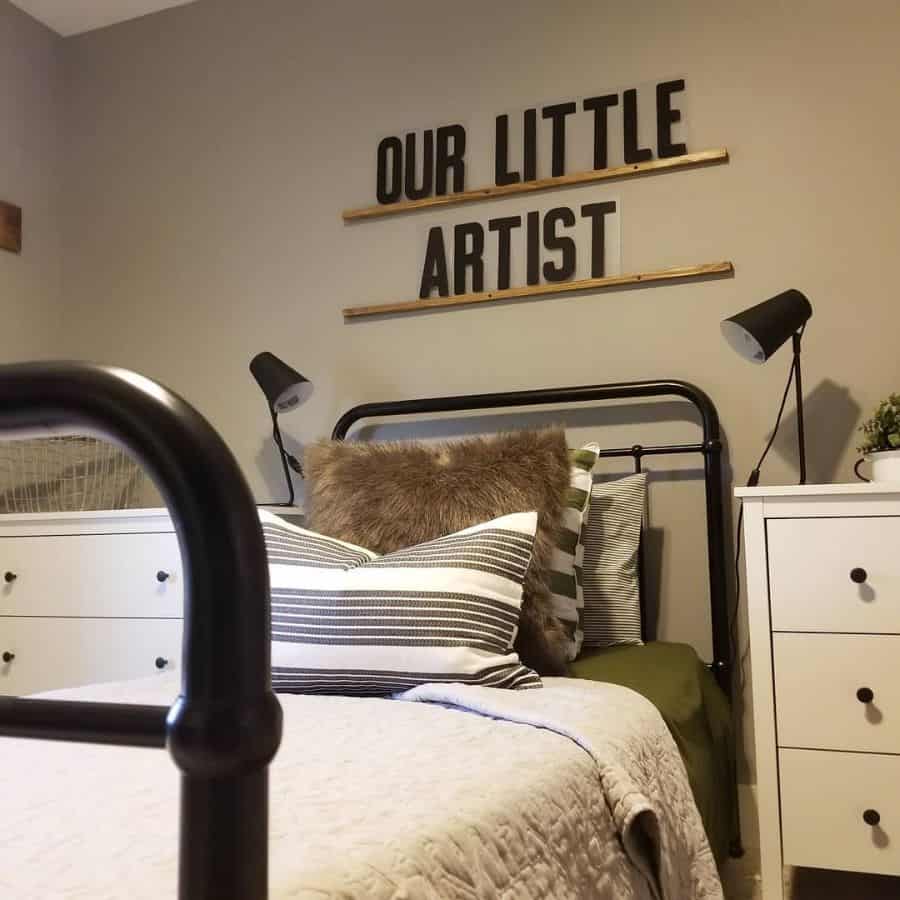 small kids bedroom white cabinets quote wall art