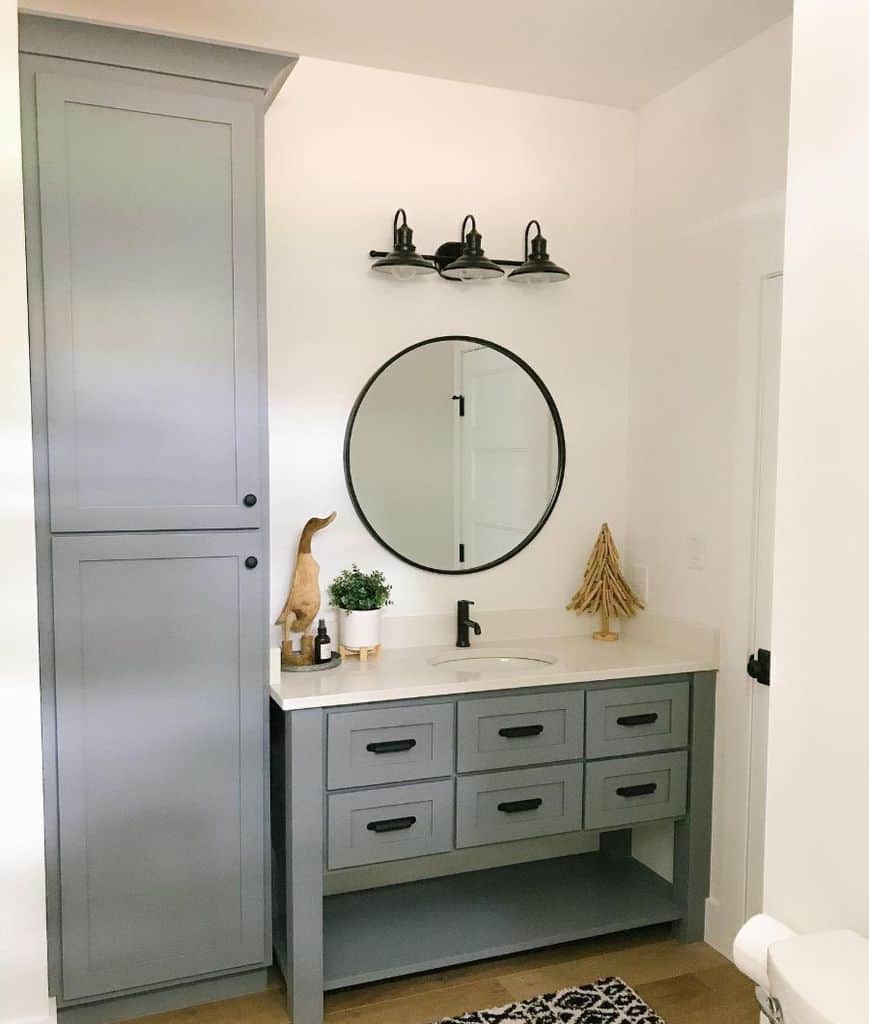 simple bathroom gray cabinet and vanity duck statue 