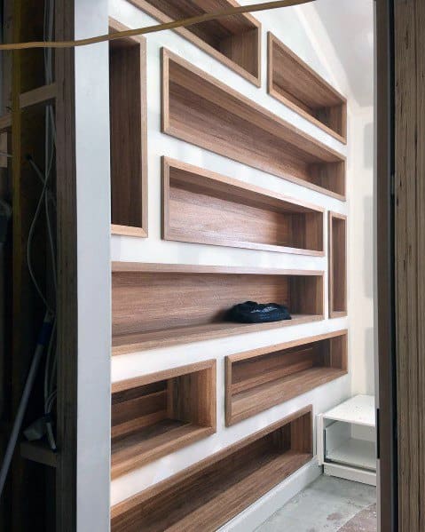 recessed wooden shelves 