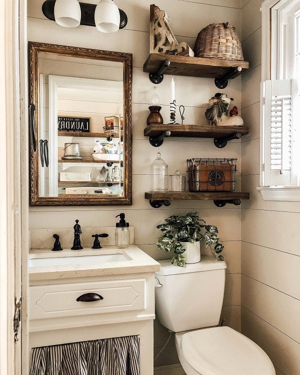 rustic bathroom shelves with decorative pieces gold accent mirror