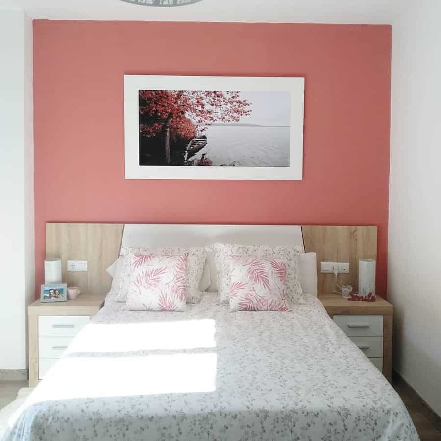 red feature wall bedside tables