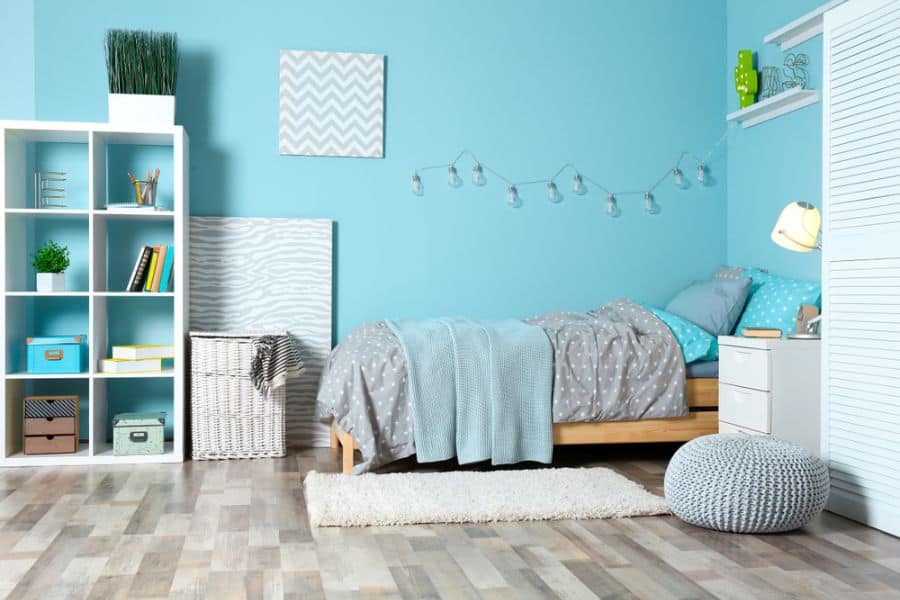 blue kids bedroom white storage units clothes gin