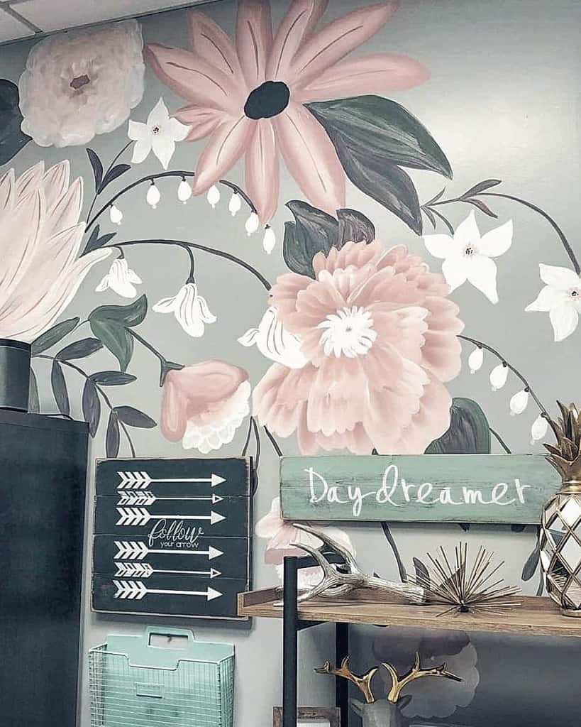 painted floral wall mural with day dreamer sign 