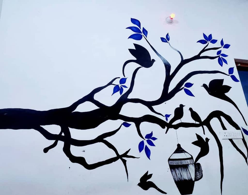 hand painted tree and birds wall mural 