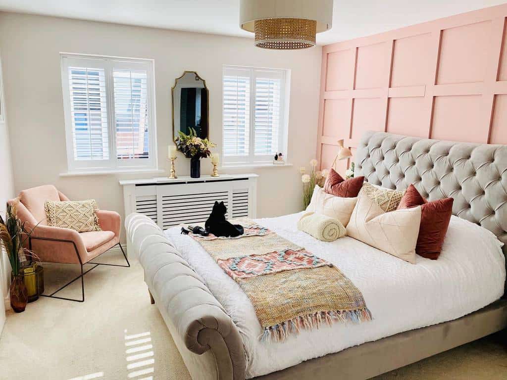 pink painted wall paneling country style bedroom 
