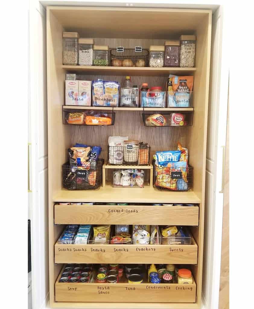 well organized kitchen pantry with drawers 