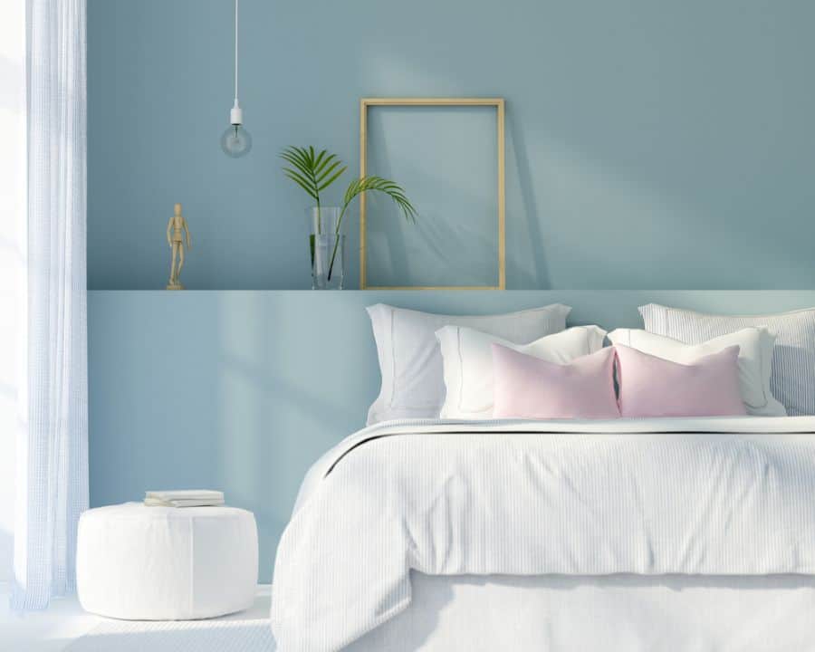 pastel blue bedroom white bed