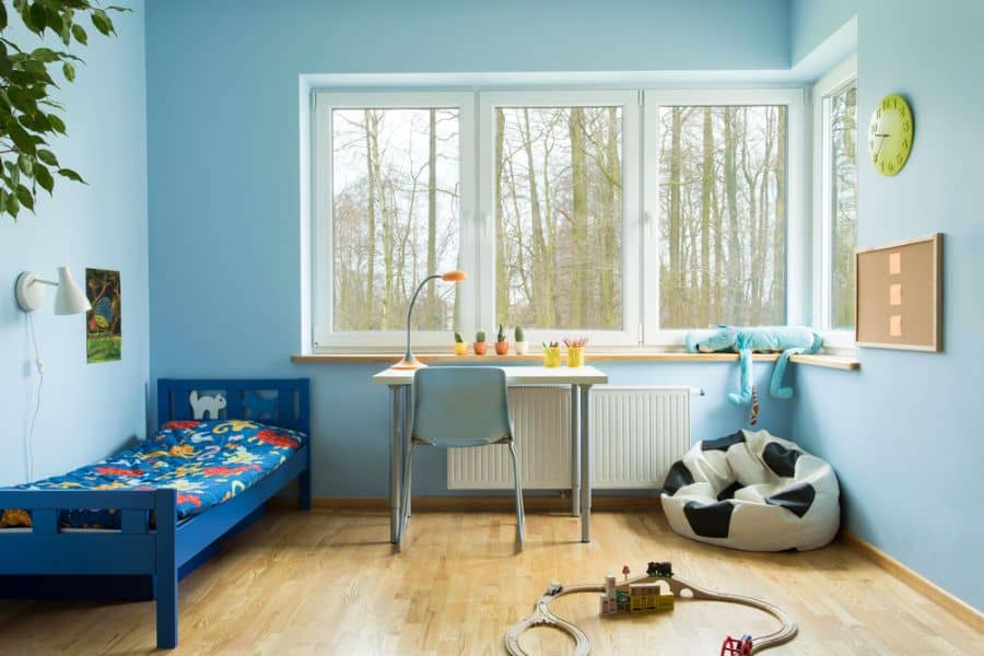 pastel blue kids bedroom blue single bed desk 