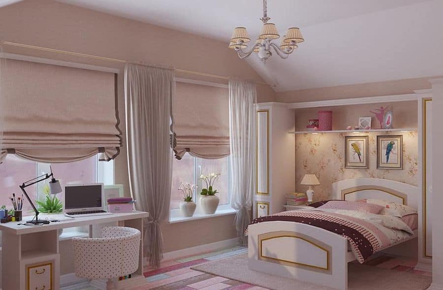pastel girls bedroom white bed desk and cabinets
