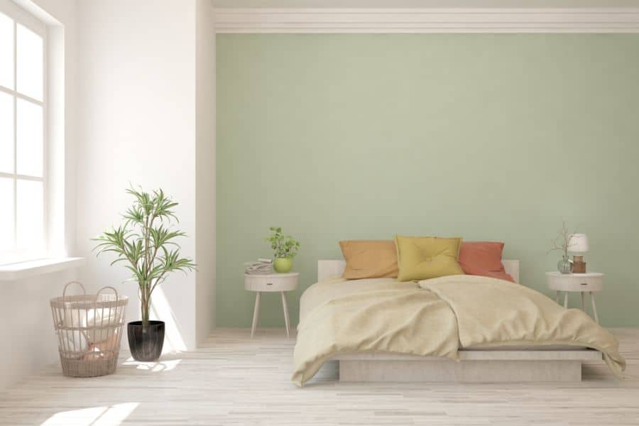 large pastel green bedroom platform bed