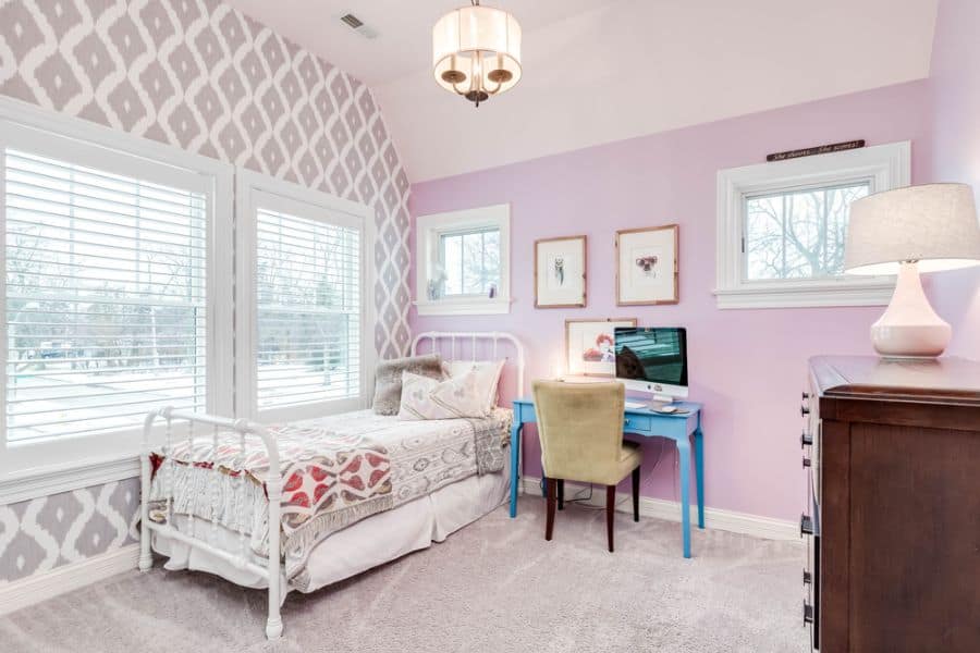 pastel pink bedroom single bed blue desk