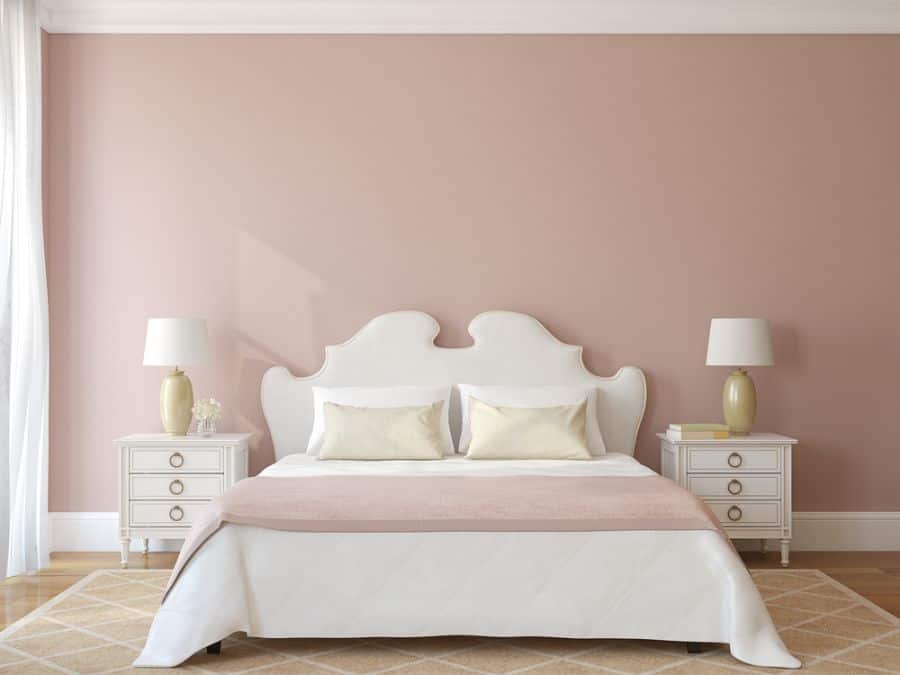 pastel pink bedroom white bed cabinets