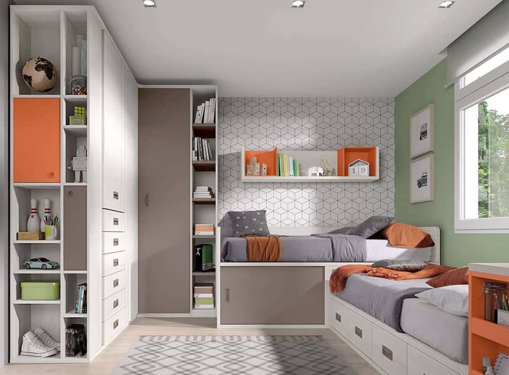 kids bedroom under bed storage seat and large wardrobe 