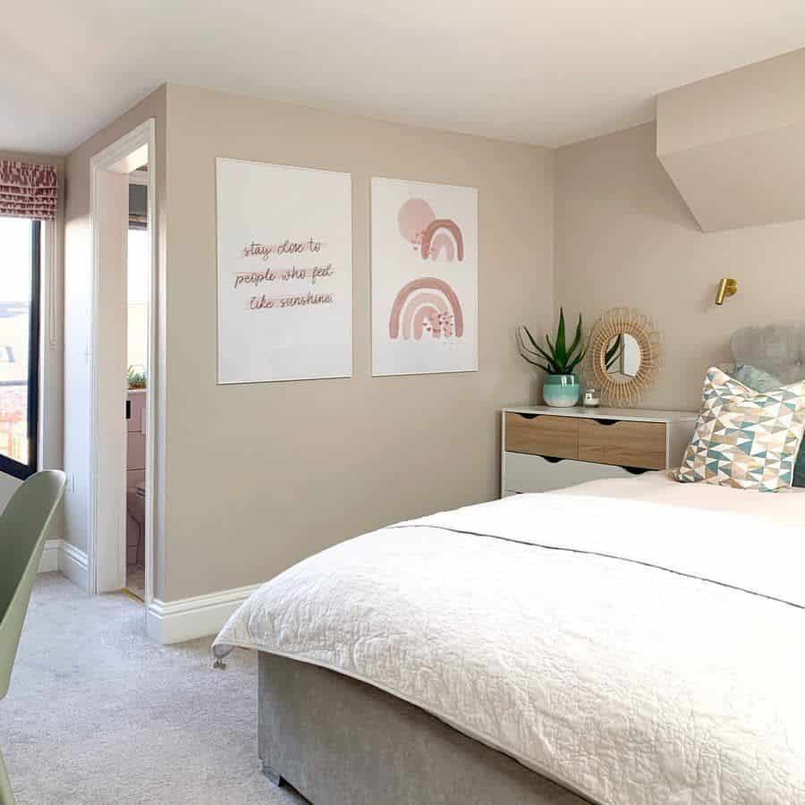 modern pastel bedroom gray bed white cabinet 