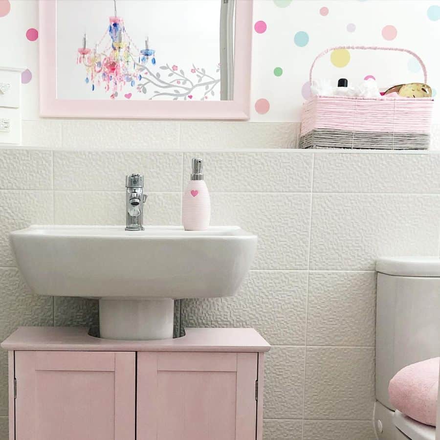 pink pastel bathroom floating sink pink cabinets 
