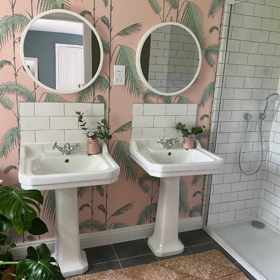 pastel fern tree wallpaper dual vanities modern bathroom 