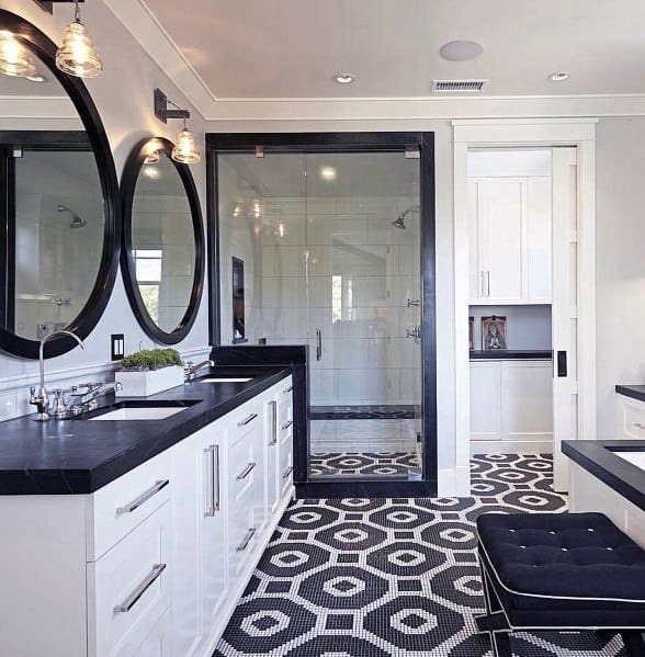 pattern mosaic tile flooring black and white master bathroom